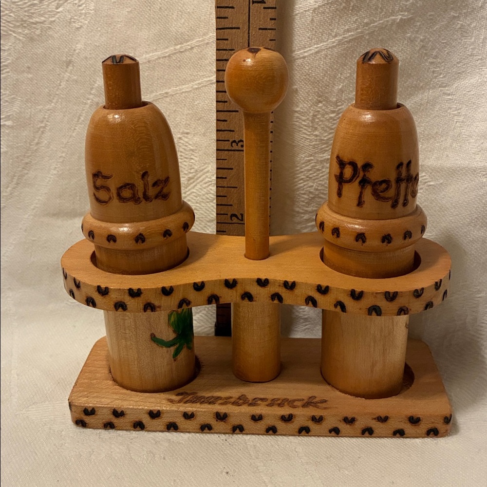 wooden novelty salt and pepper shaker set W/ caddy souvenir Innsbruck Austria